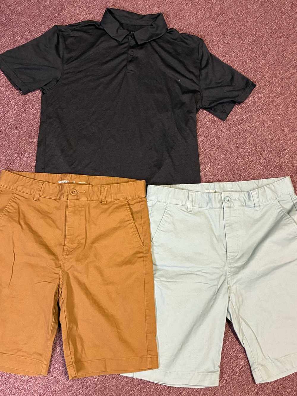 Old Navy Men's Chino Shorts in Brown and Light Blue with Black Polo
